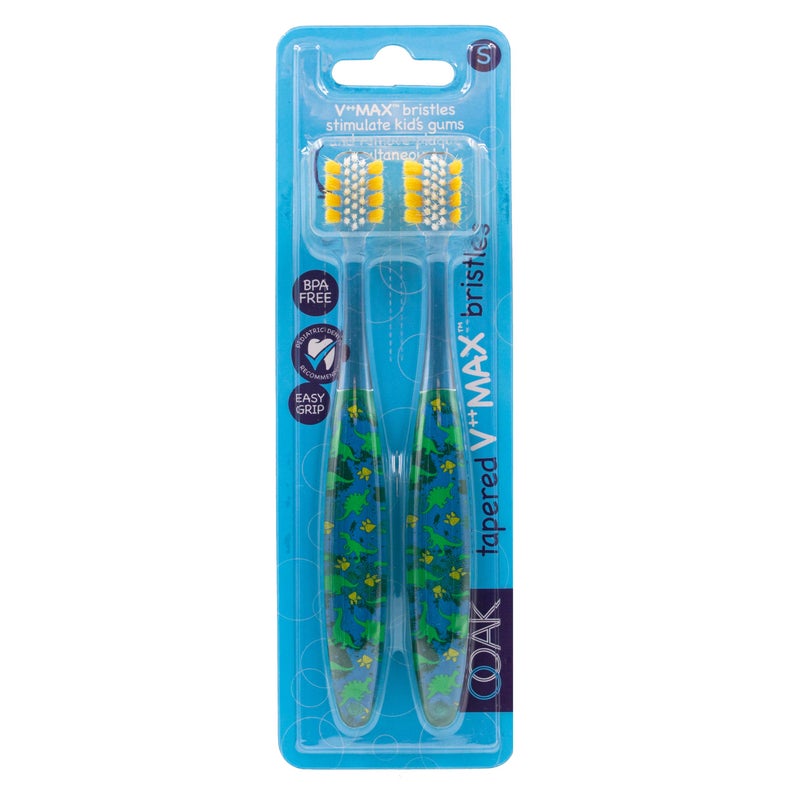 Ooak,Manual Kids Toothbrush, Tapered V++Max Soft Bristles, 2 Pack - Dinosaur - Image 1